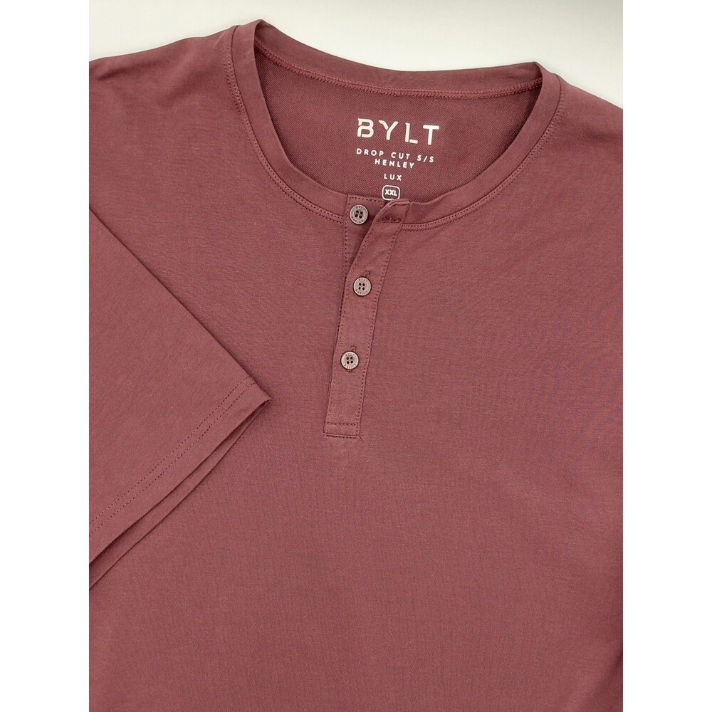 BYLT Drop Cut LUX Short Sleeve Henley Shirt Men's XXL Maroon Stretch Pullover